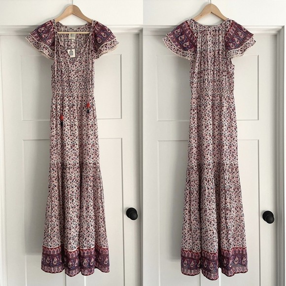 Alicia Bell Eva Smocked Boho Maxi Dress Pink Floral Paisley Block Print XS - Picture 2 of 8